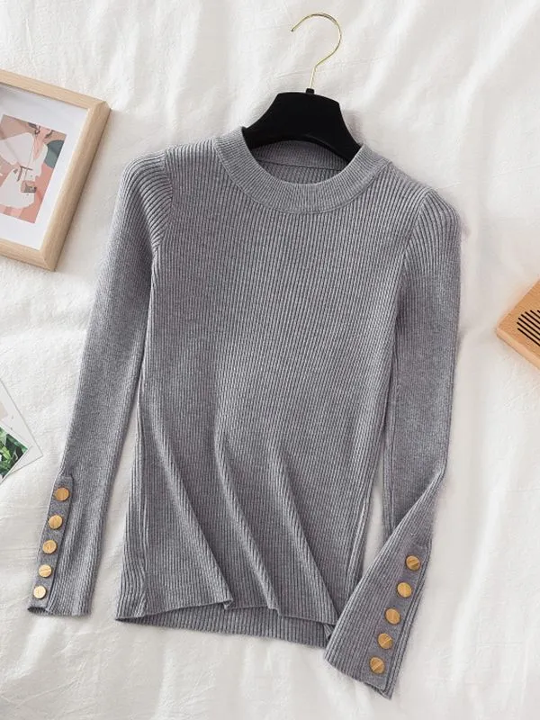 Button detail on sleeve round-neck knit top jumper