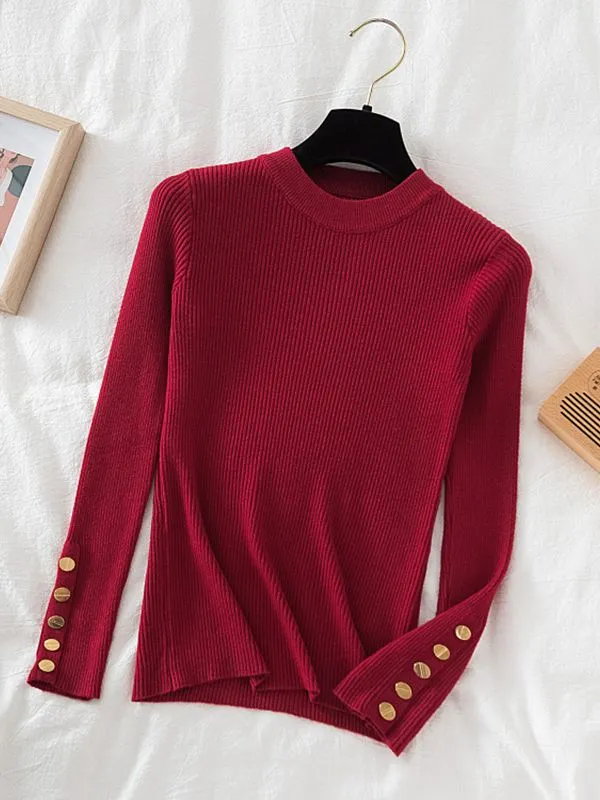 Button detail on sleeve round-neck knit top jumper