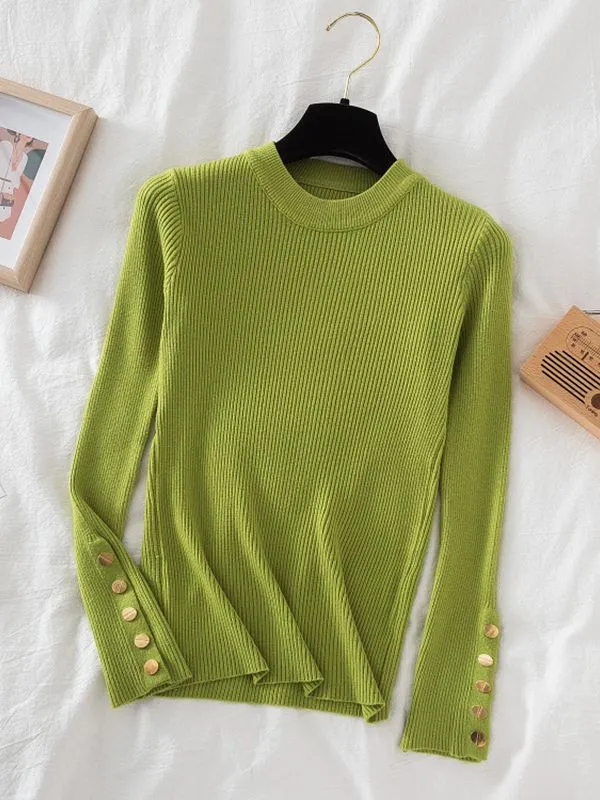 Button detail on sleeve round-neck knit top jumper