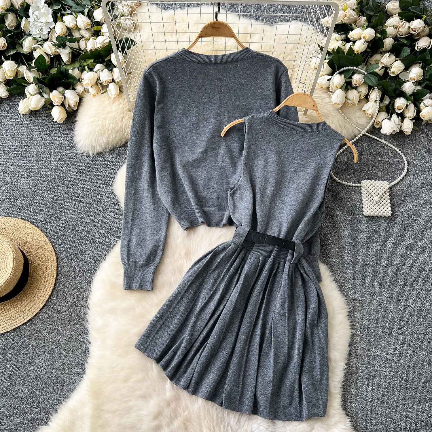 Cardigan&Vest Dress Knitted 2Pcs