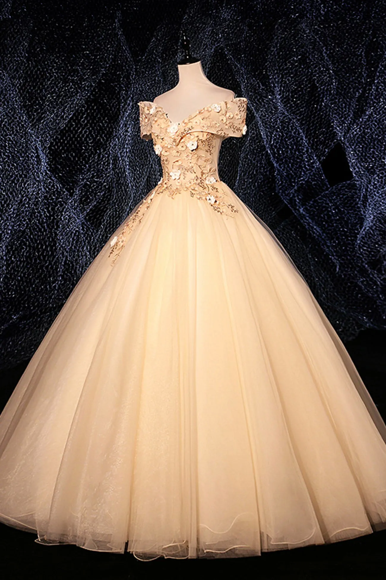 Champagne Tulle Lace Long A-Line Ball Gown, Off the Shoulder Evening Party Dress