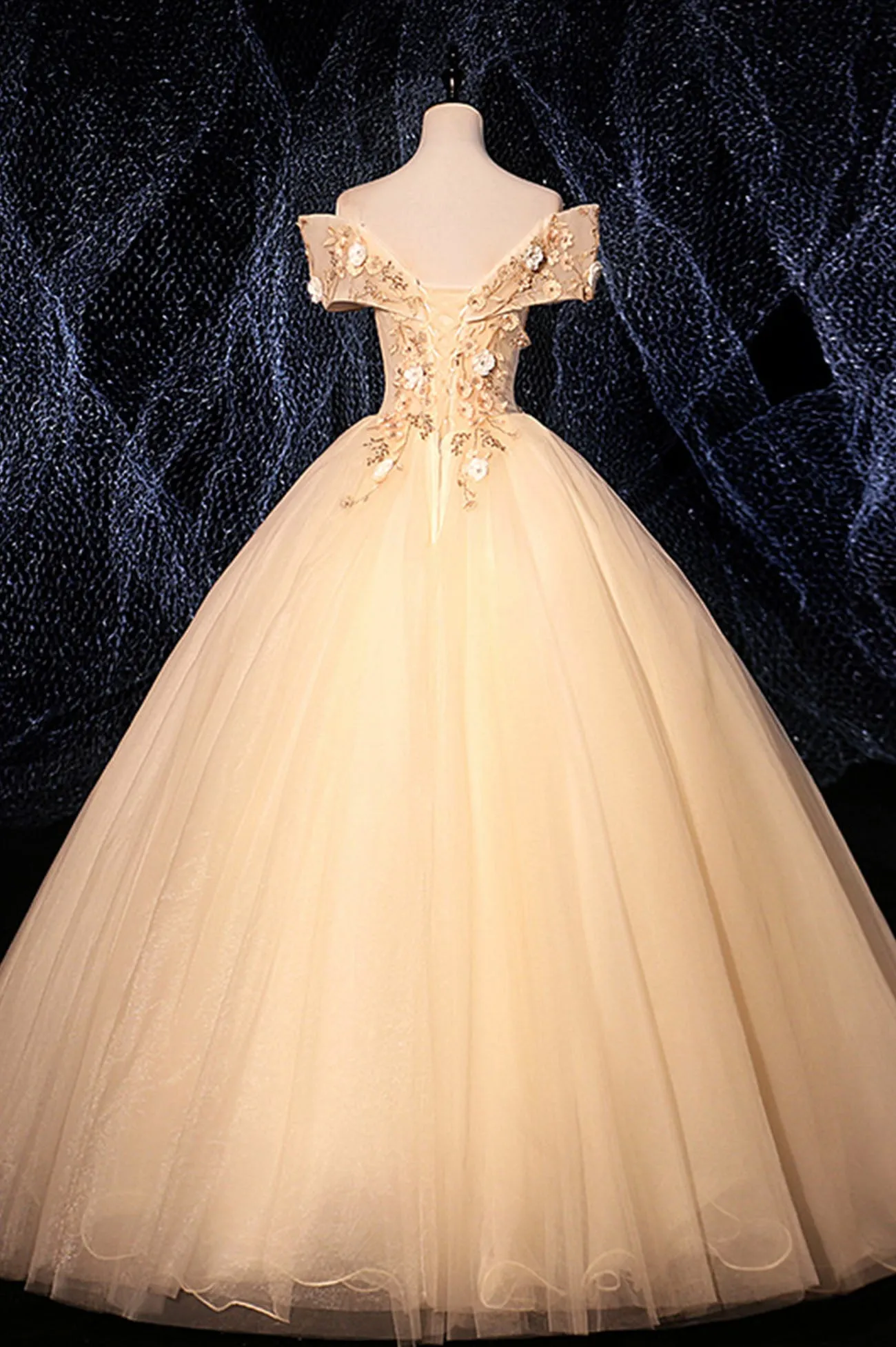 Champagne Tulle Lace Long A-Line Ball Gown, Off the Shoulder Evening Party Dress