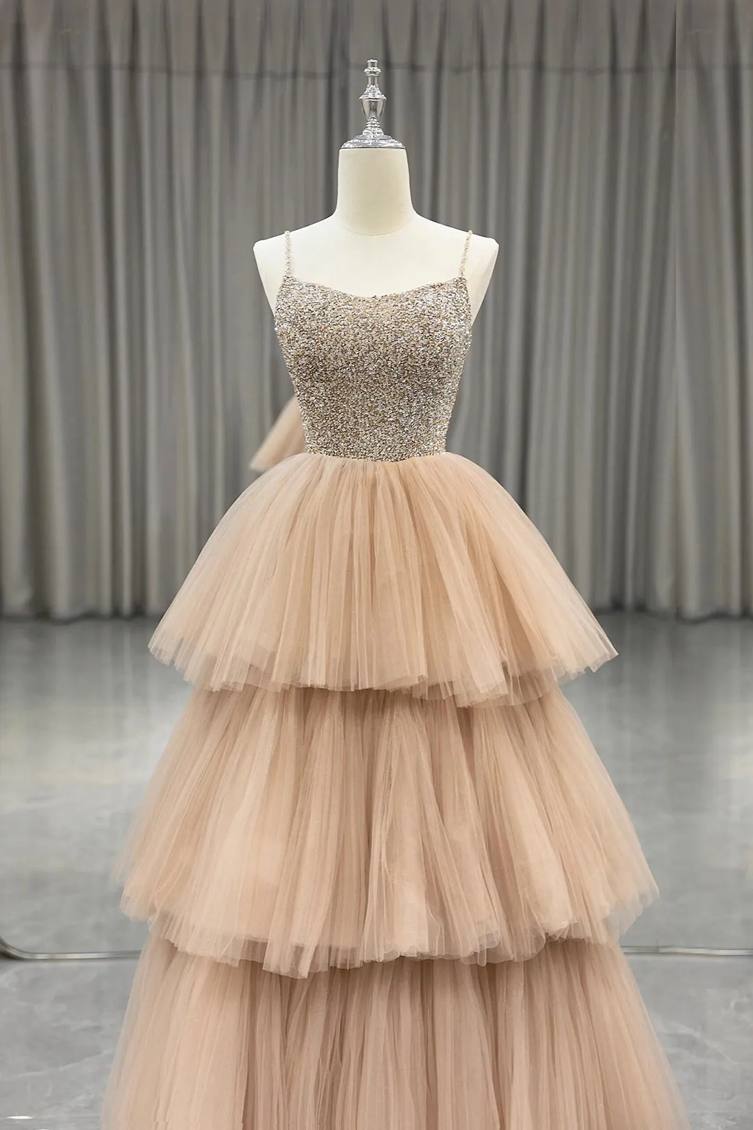 Champagne Tulle Layers Long A-Line Prom Dress, A-Line Spaghetti Strap Evening Dress