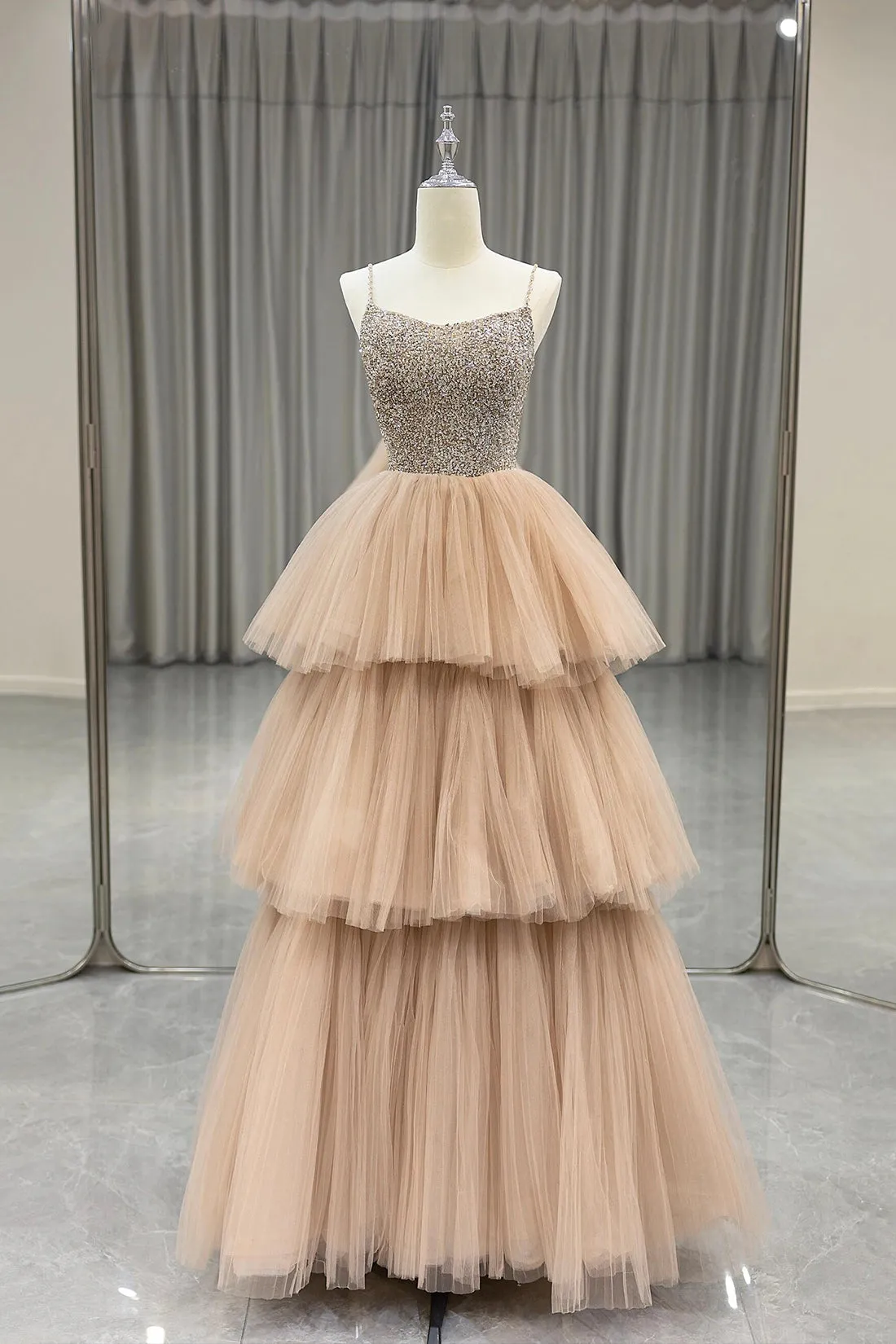 Champagne Tulle Layers Long A-Line Prom Dress, A-Line Spaghetti Strap Evening Dress