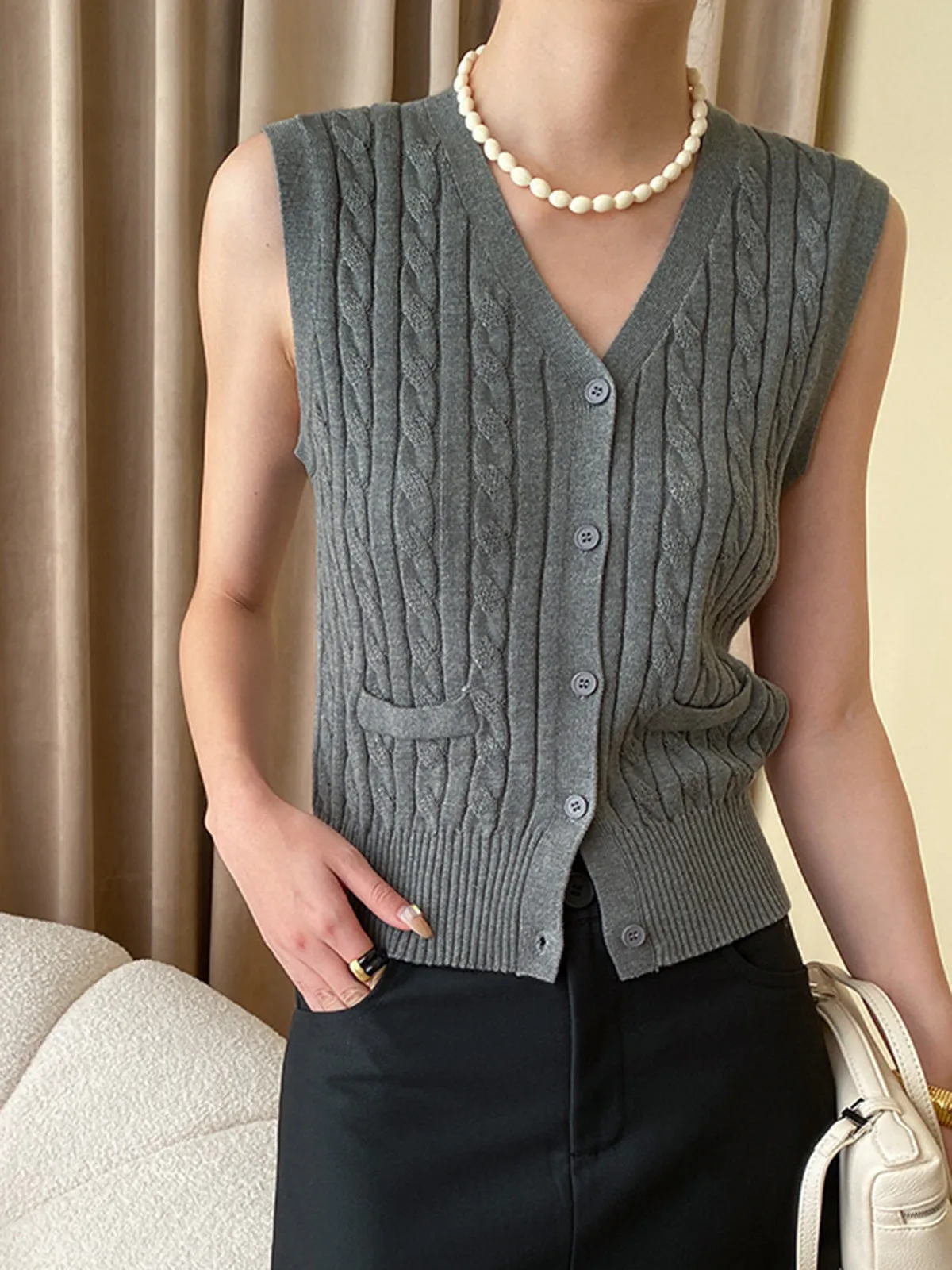 CHICMY- Solid V-Neck Button Knitted Vest