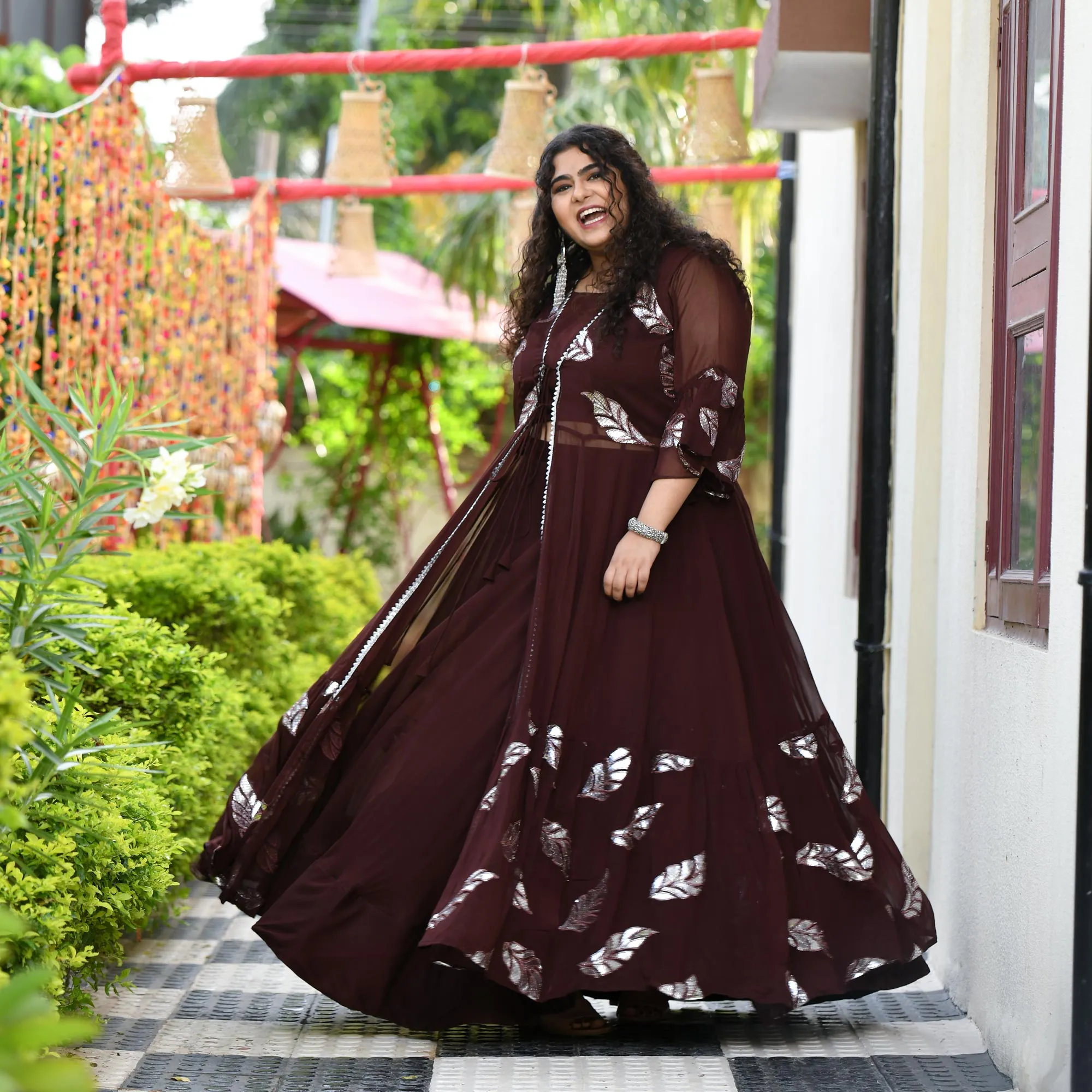 Chocolate Gota Patti Pure Georgette Cape Set