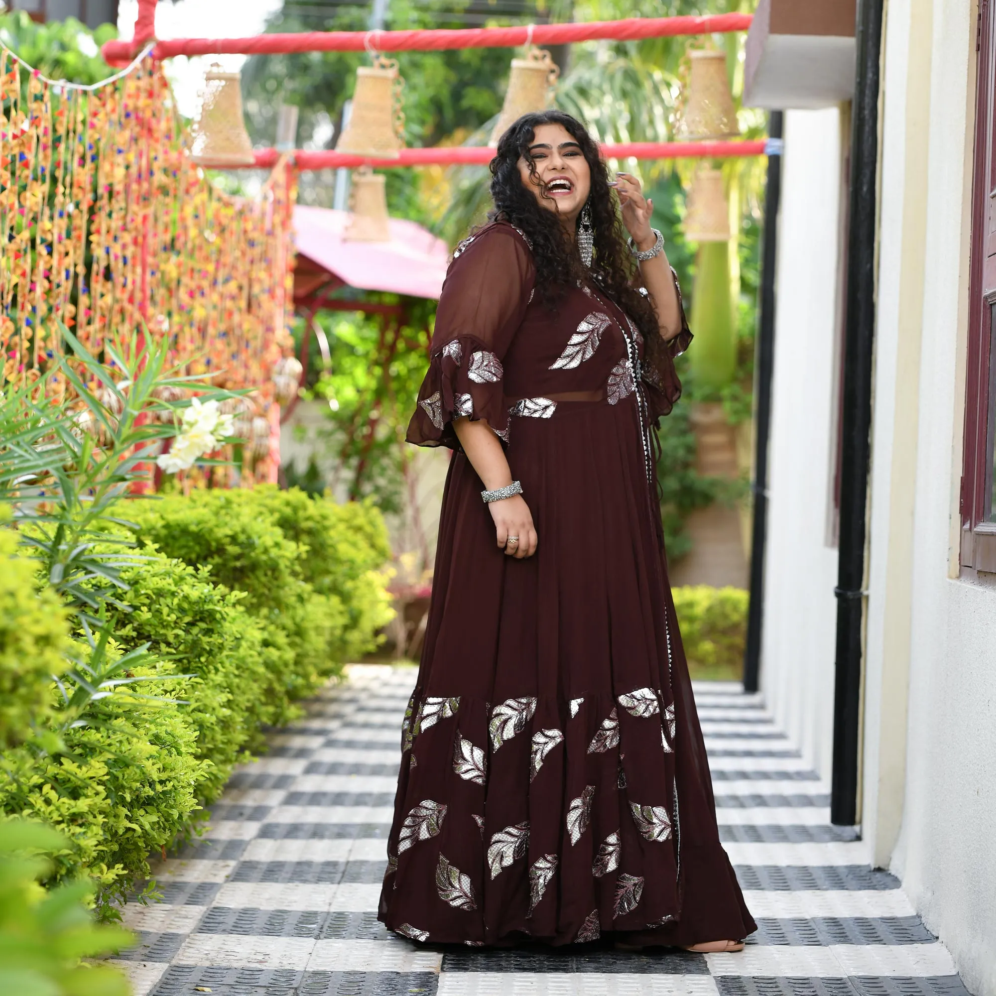 Chocolate Gota Patti Pure Georgette Cape Set