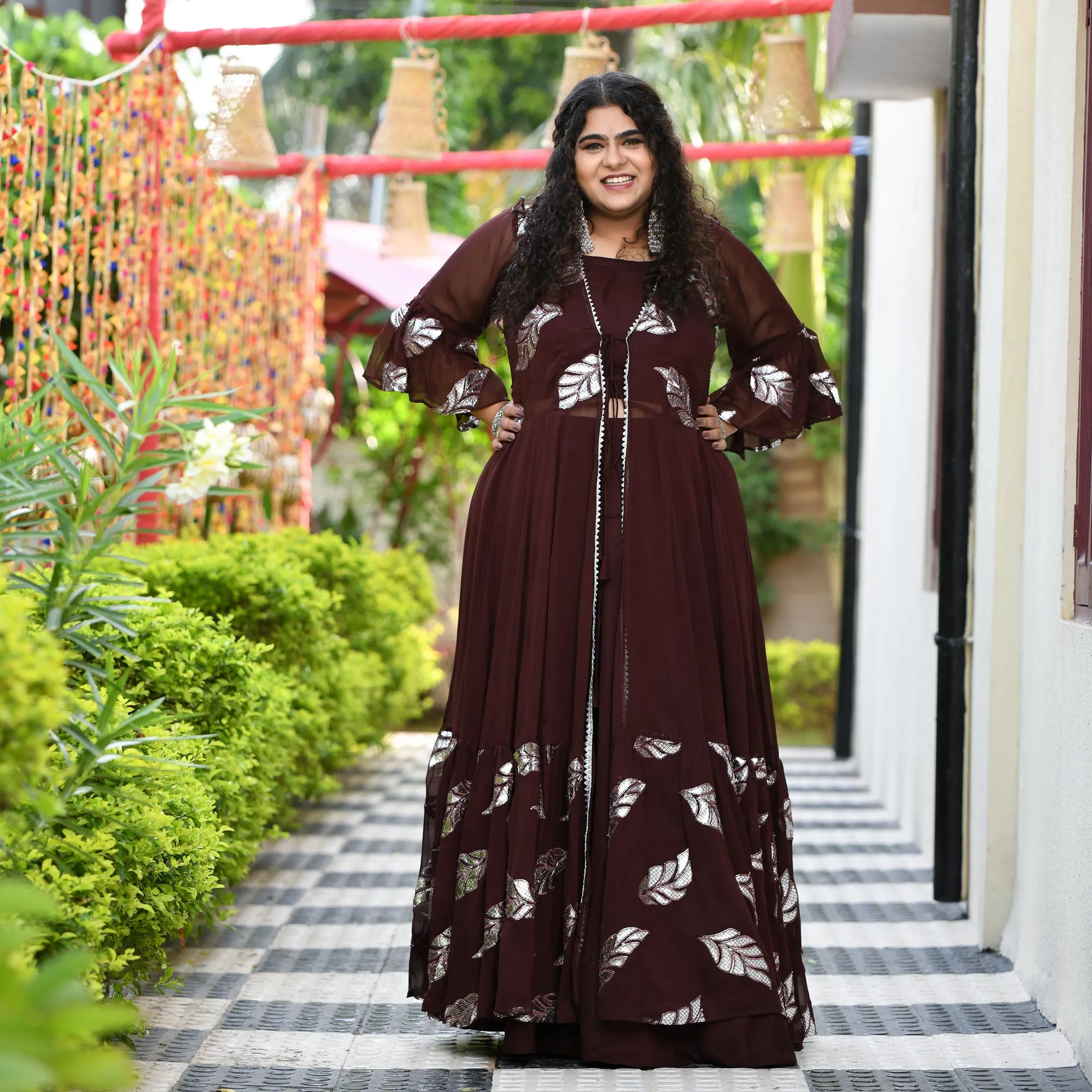 Chocolate Gota Patti Pure Georgette Cape Set