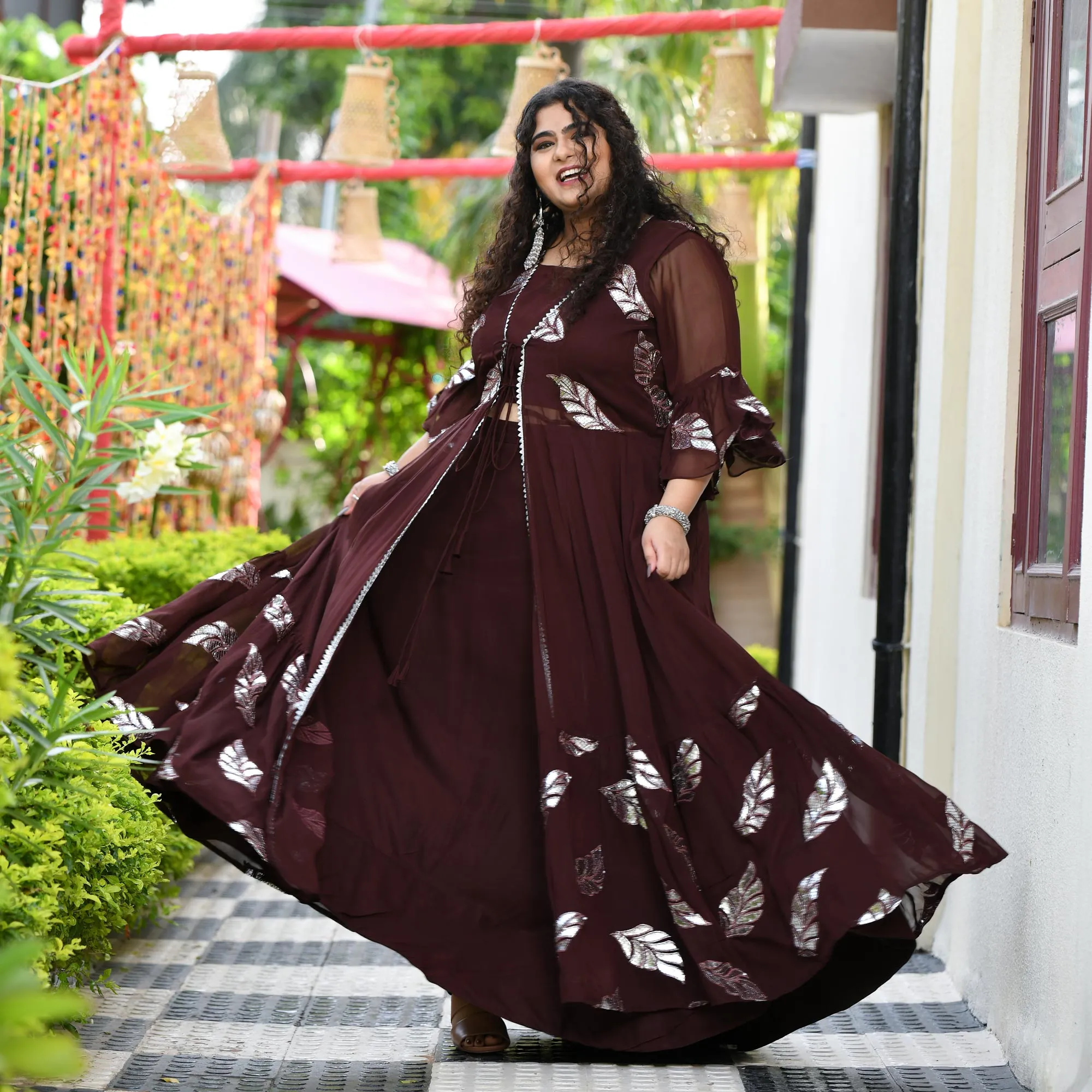 Chocolate Gota Patti Pure Georgette Cape Set