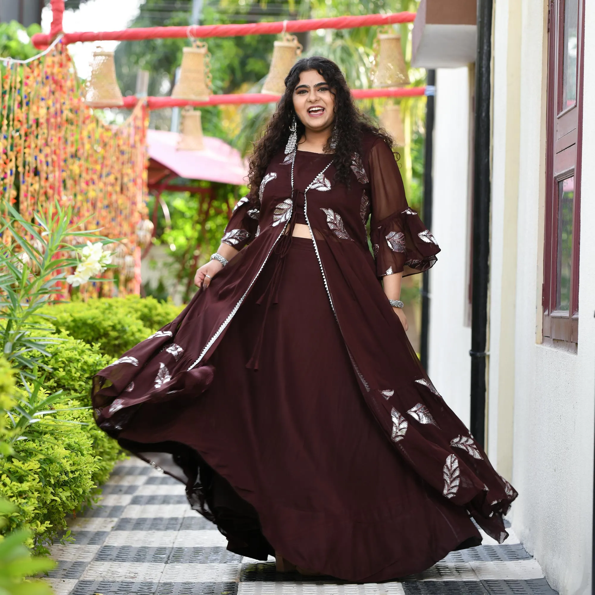 Chocolate Gota Patti Pure Georgette Cape Set