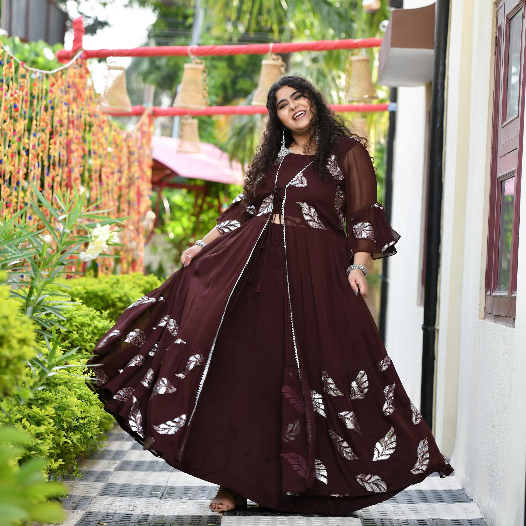 Chocolate Gota Patti Pure Georgette Cape Set