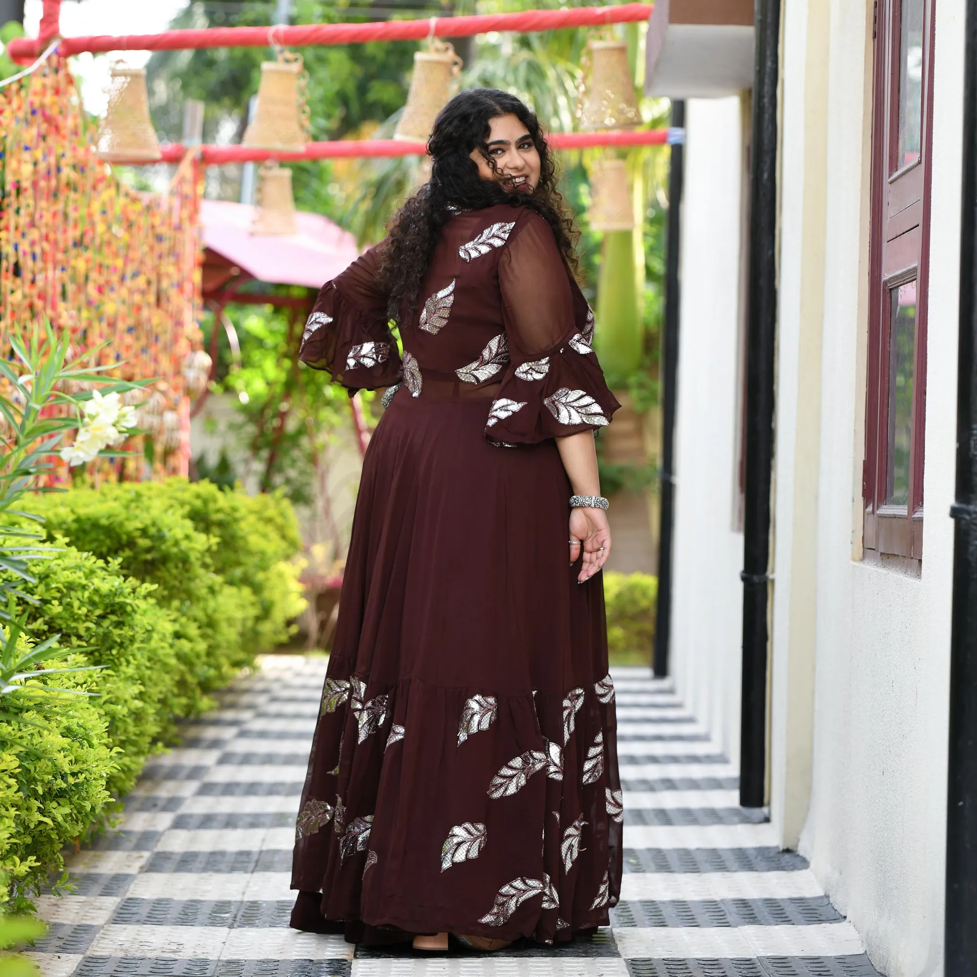 Chocolate Gota Patti Pure Georgette Cape Set