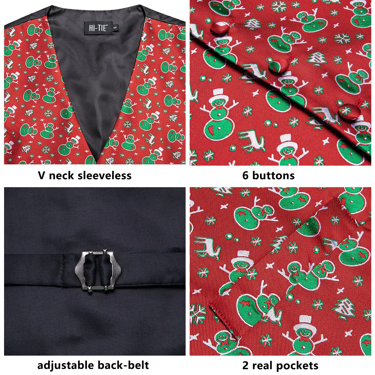 Christmas Red Green Snowmen Men's Vest Hanky Cufflinks Tie Set