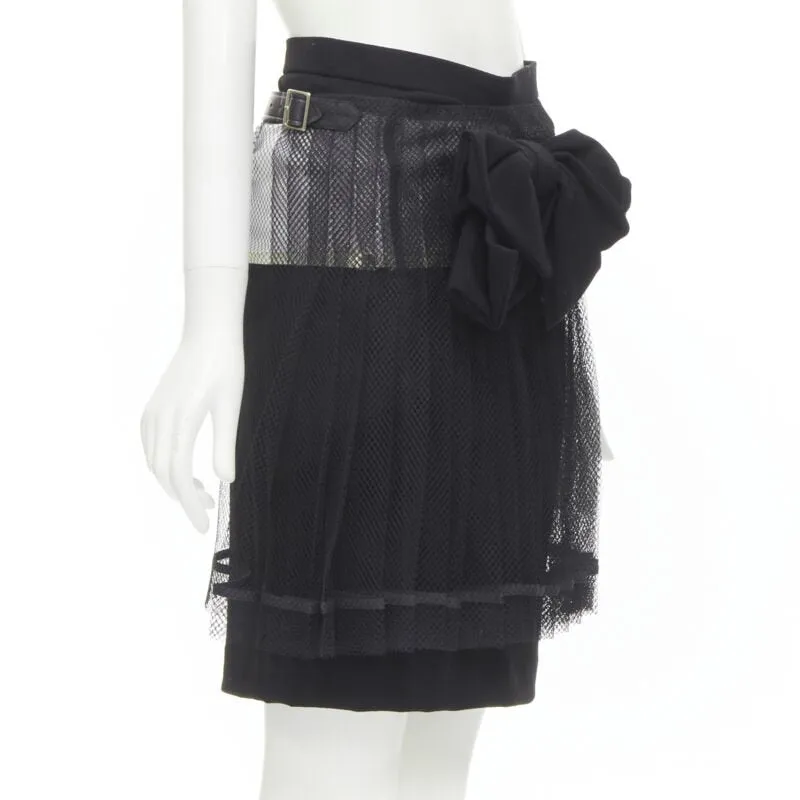 COMME DES GARCONS 2004 black XL bow buckle layered pleated net mesh skirt M