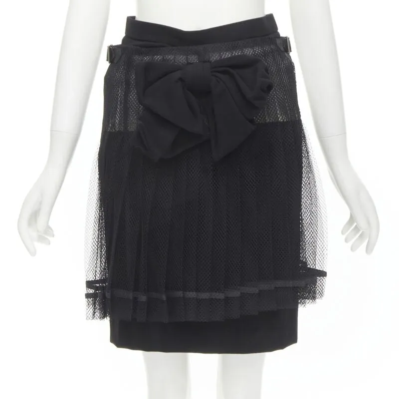 COMME DES GARCONS 2004 black XL bow buckle layered pleated net mesh skirt M