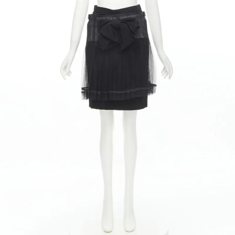 COMME DES GARCONS 2004 black XL bow buckle layered pleated net mesh skirt M