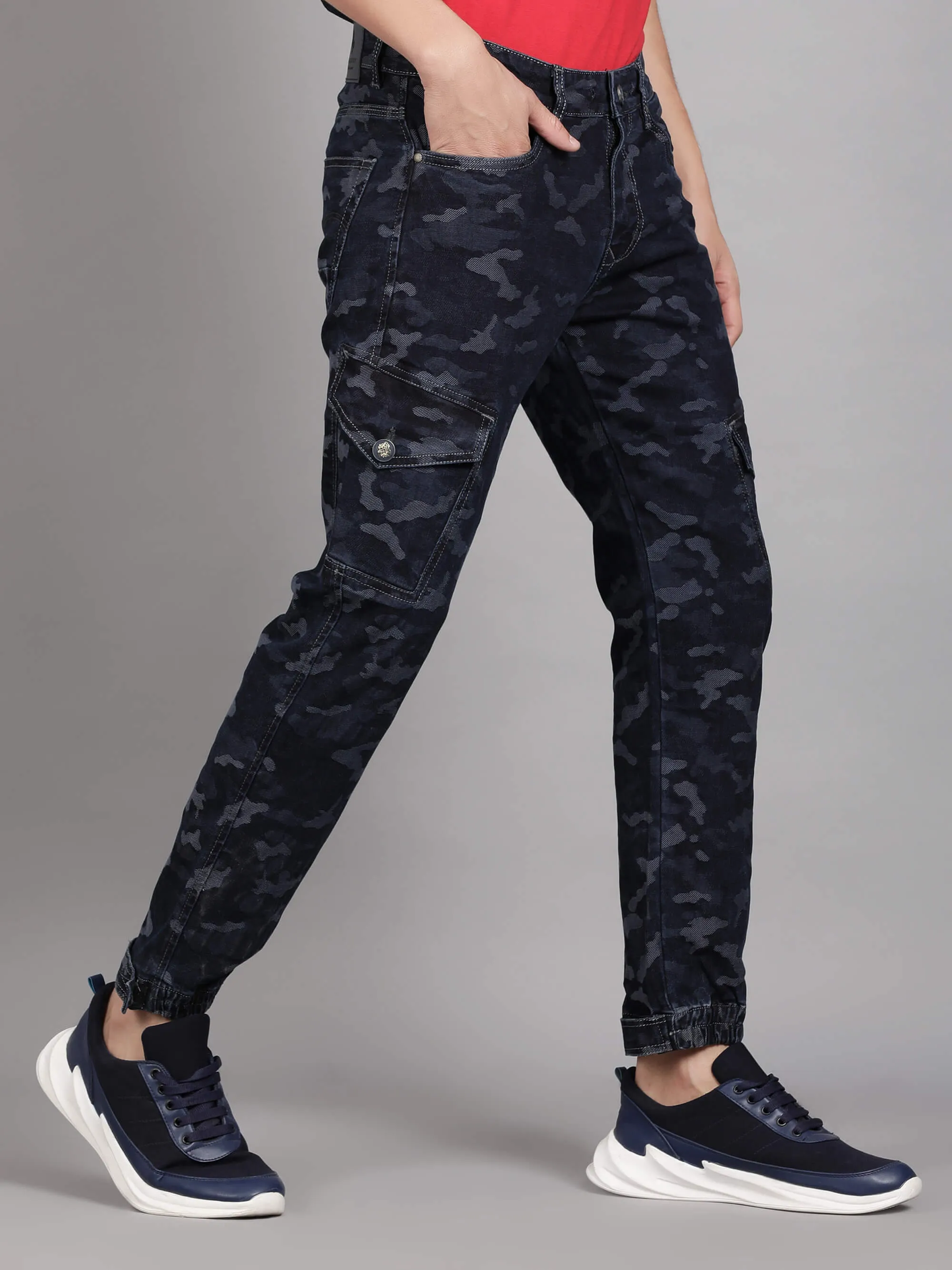 Dark Blue Camouflage Printed Denim Jeans for Men (GBDNM5010)