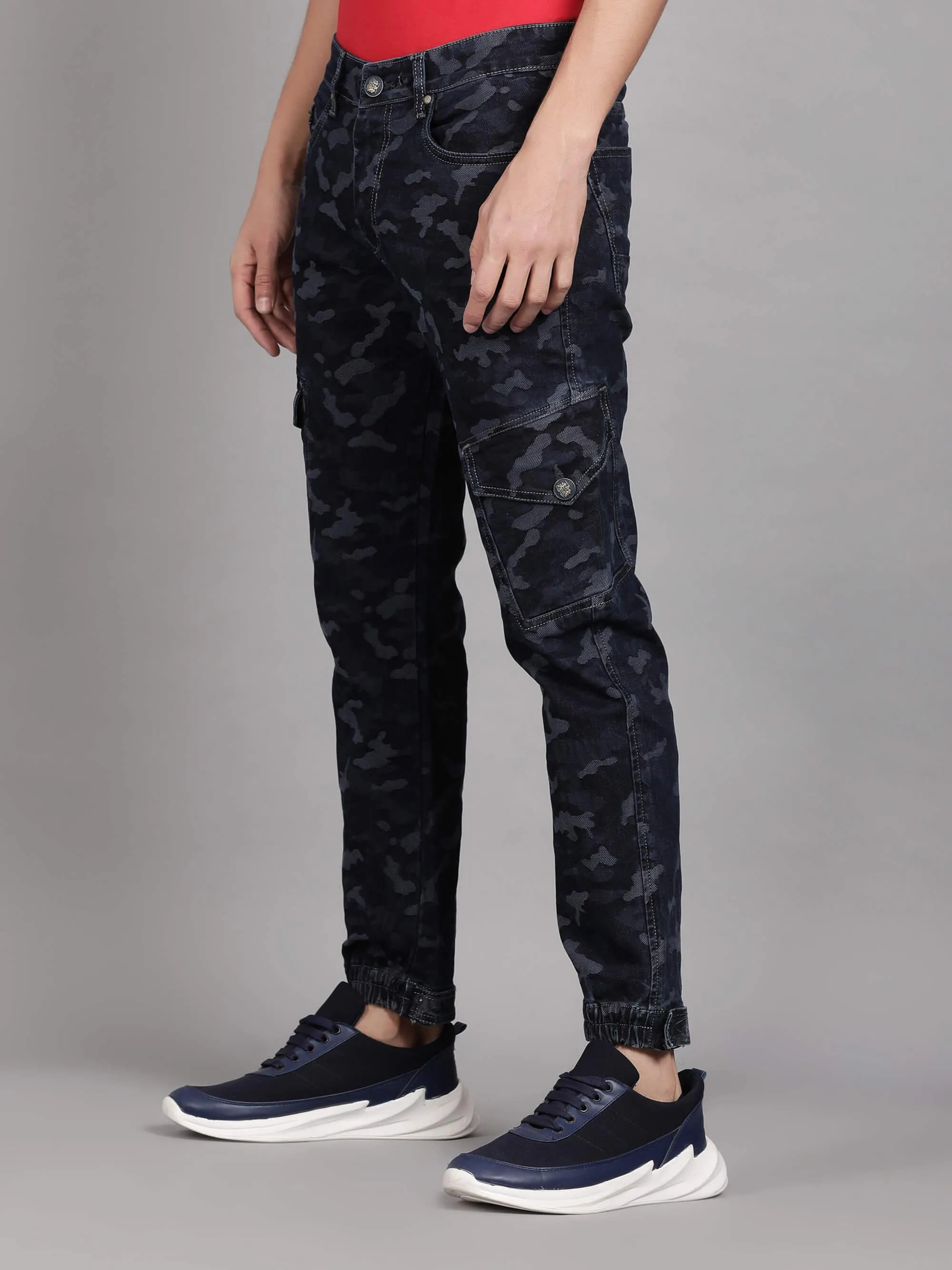 Dark Blue Camouflage Printed Denim Jeans for Men (GBDNM5010)