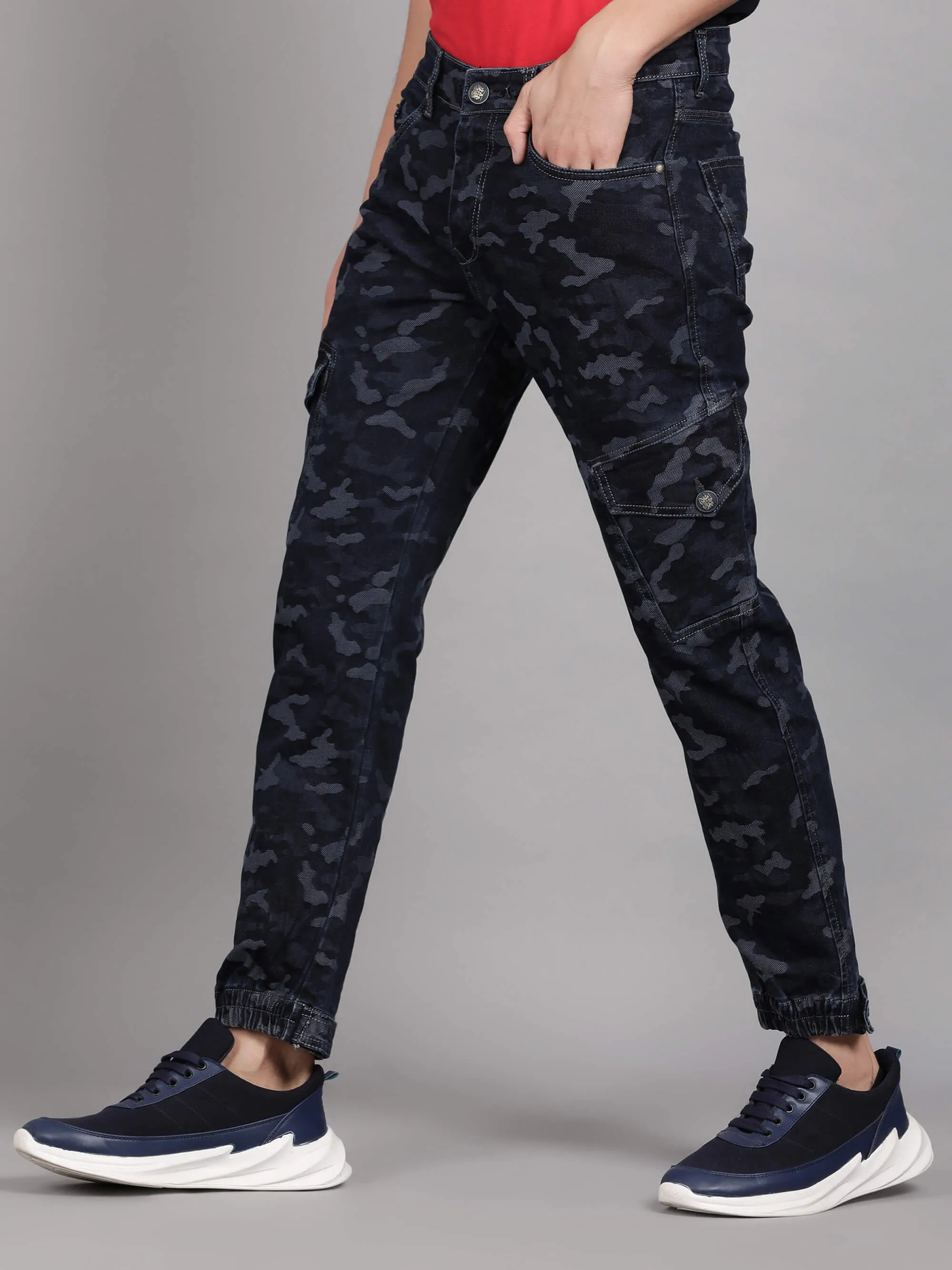 Dark Blue Camouflage Printed Denim Jeans for Men (GBDNM5010)