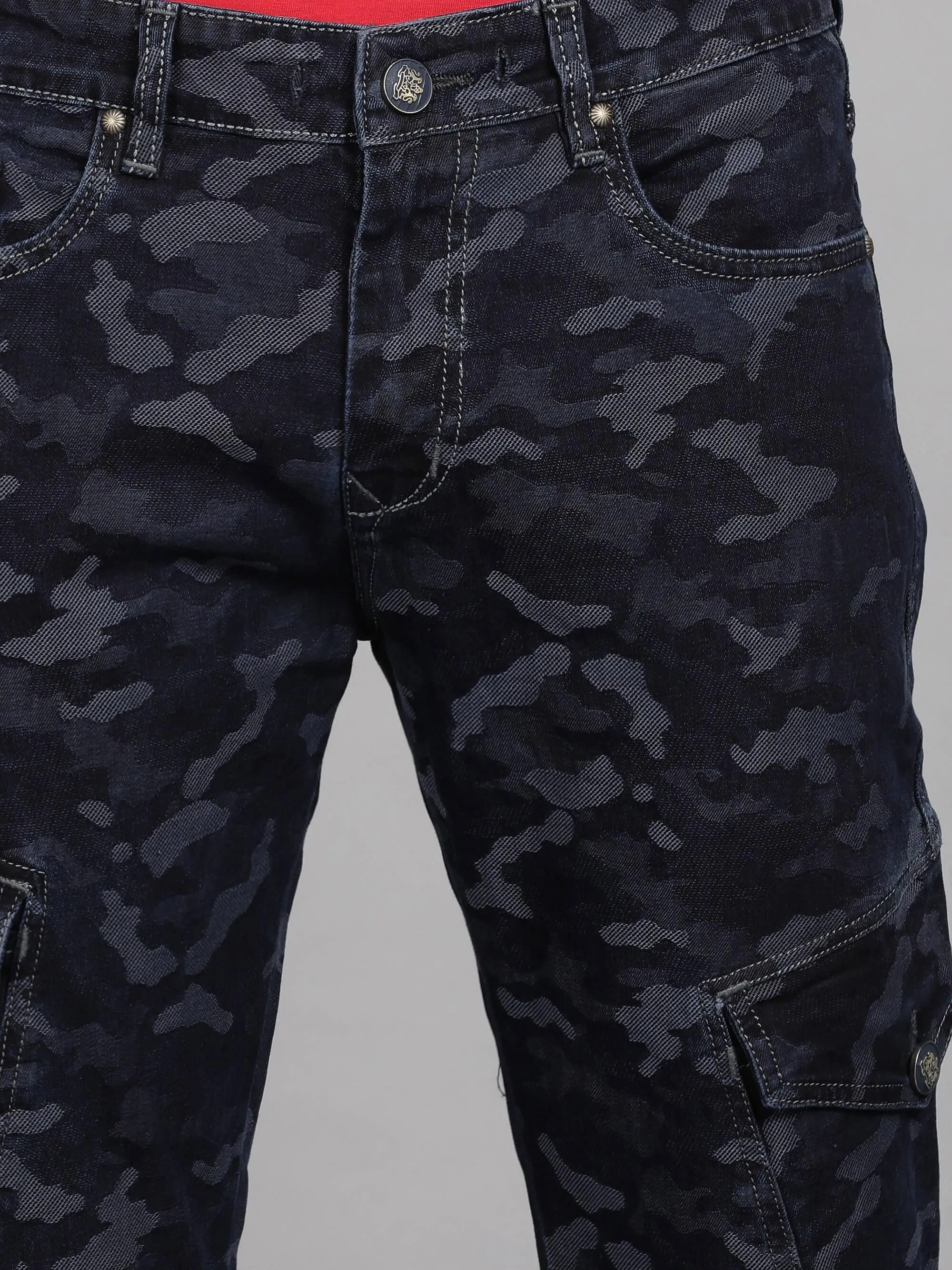 Dark Blue Camouflage Printed Denim Jeans for Men (GBDNM5010)