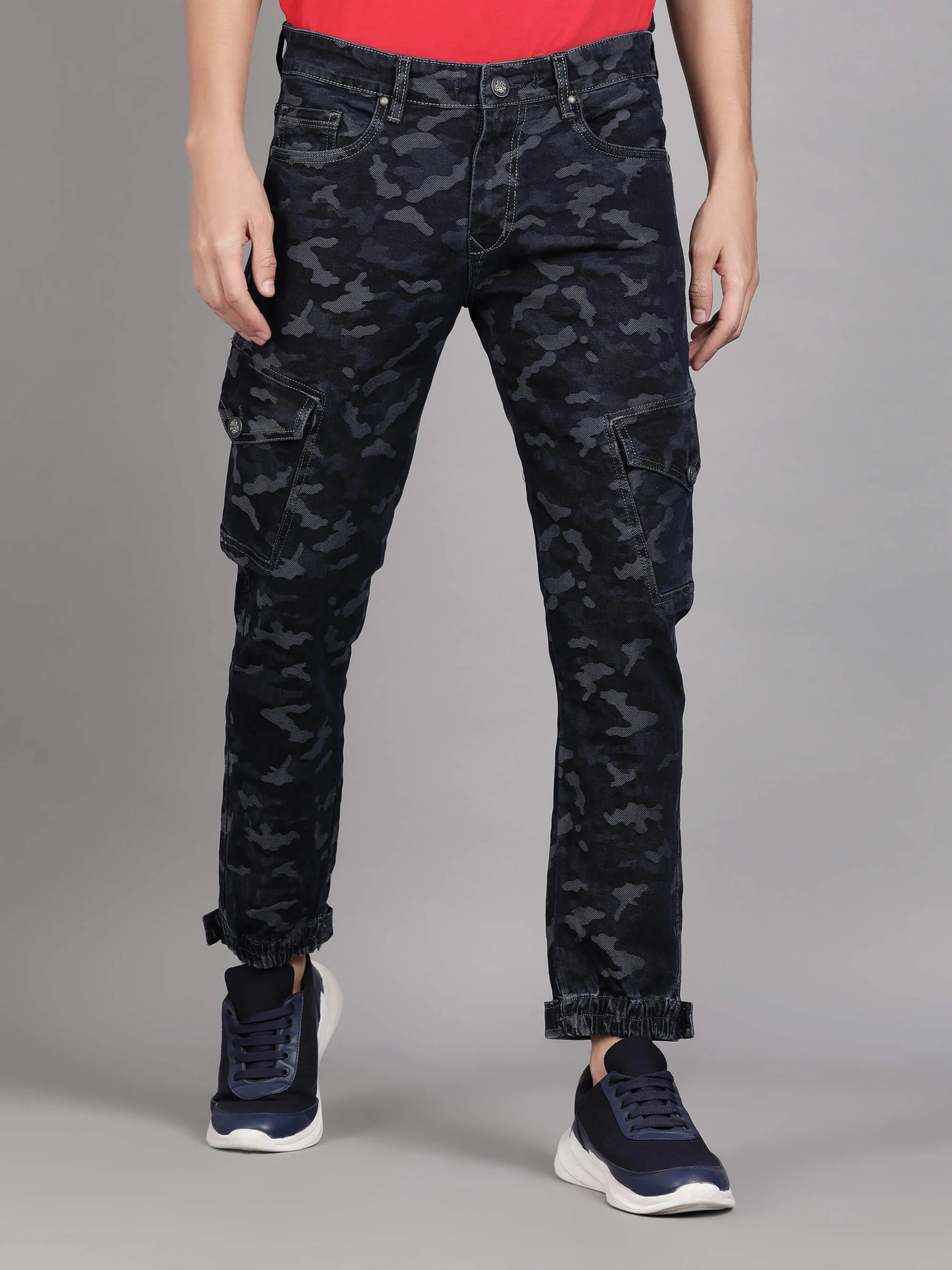 Dark Blue Camouflage Printed Denim Jeans for Men (GBDNM5010)