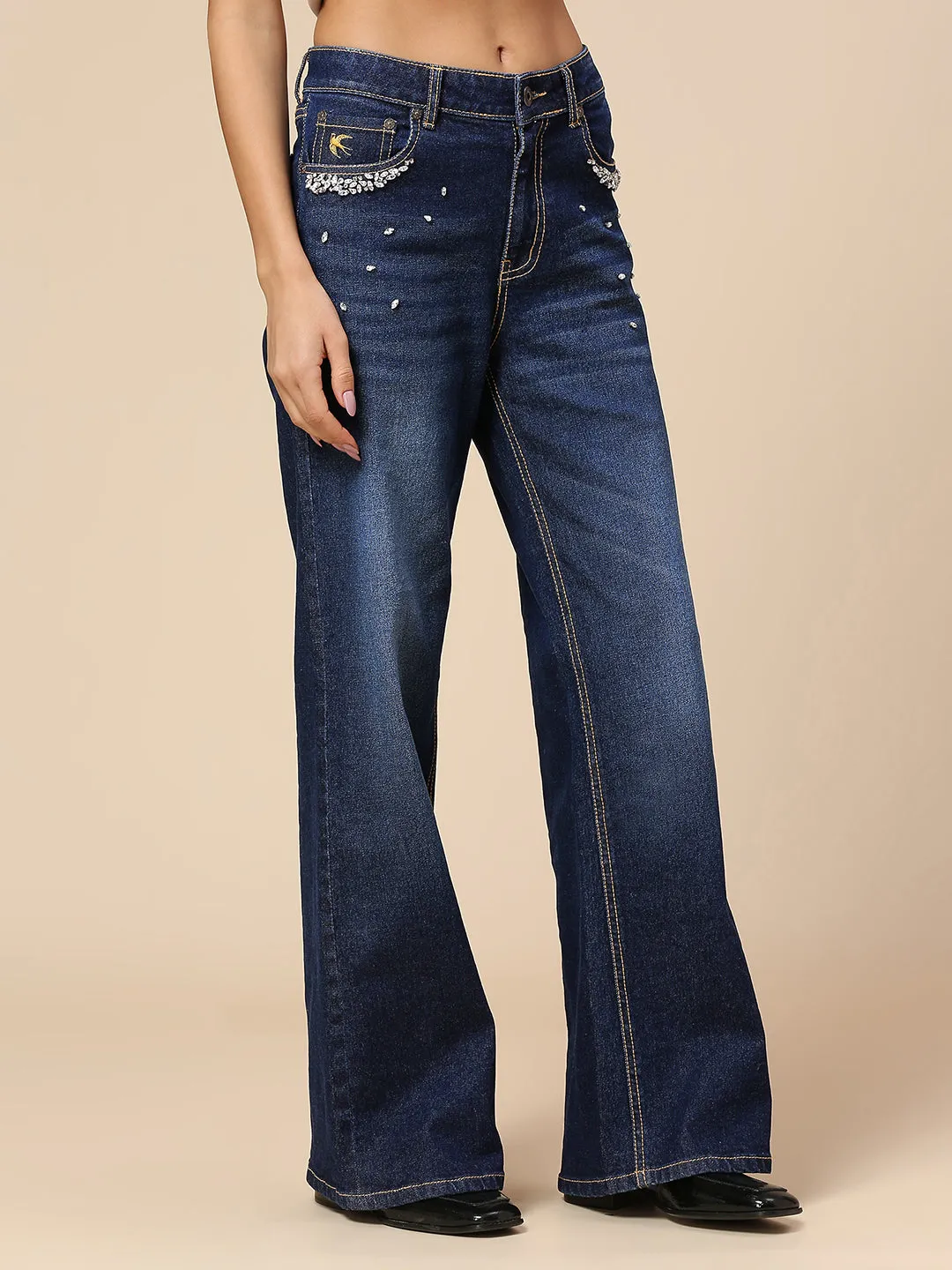 DARK WASH WIDE LEG JEANS WITH RHINESTONE EMBELLISHMENT