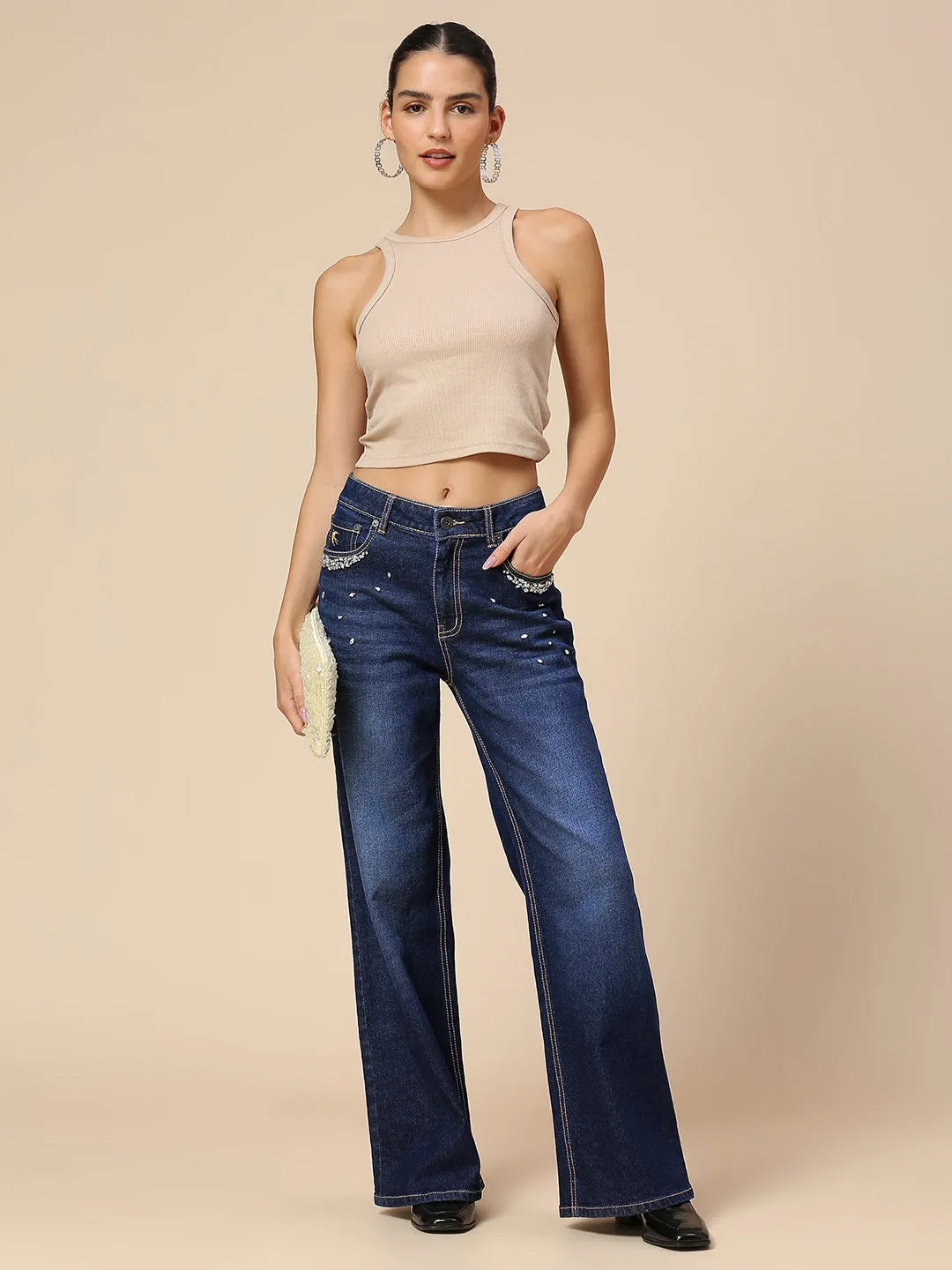 DARK WASH WIDE LEG JEANS WITH RHINESTONE EMBELLISHMENT