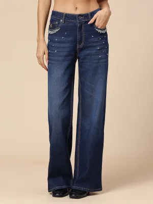 DARK WASH WIDE LEG JEANS WITH RHINESTONE EMBELLISHMENT