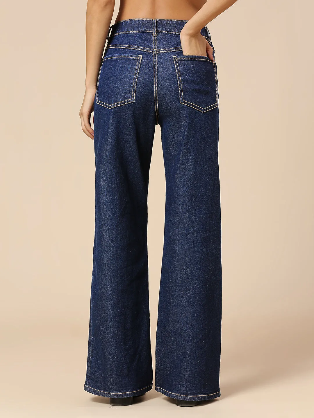 DARK WASH WIDE LEG JEANS WITH RHINESTONE EMBELLISHMENT