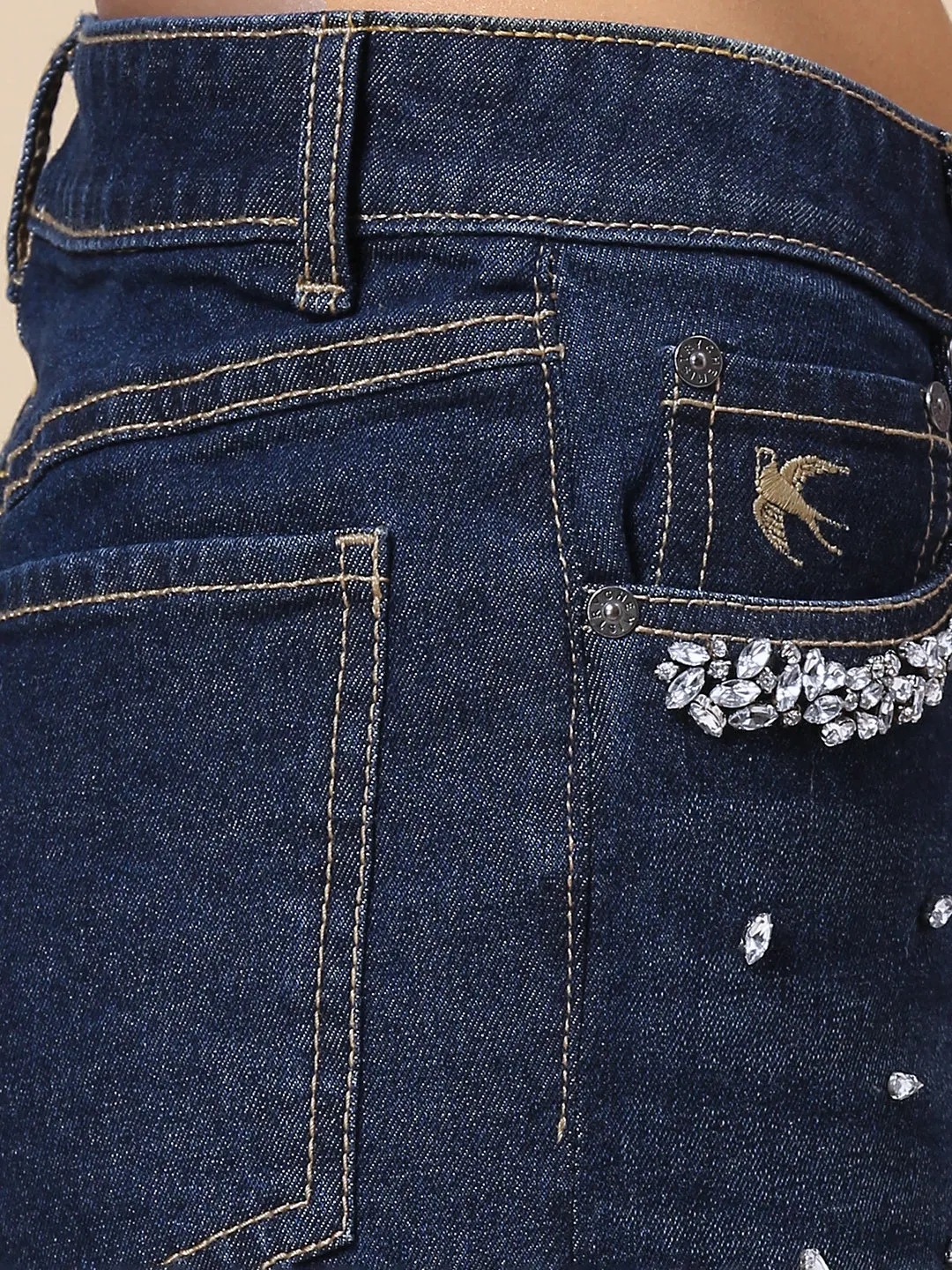 DARK WASH WIDE LEG JEANS WITH RHINESTONE EMBELLISHMENT