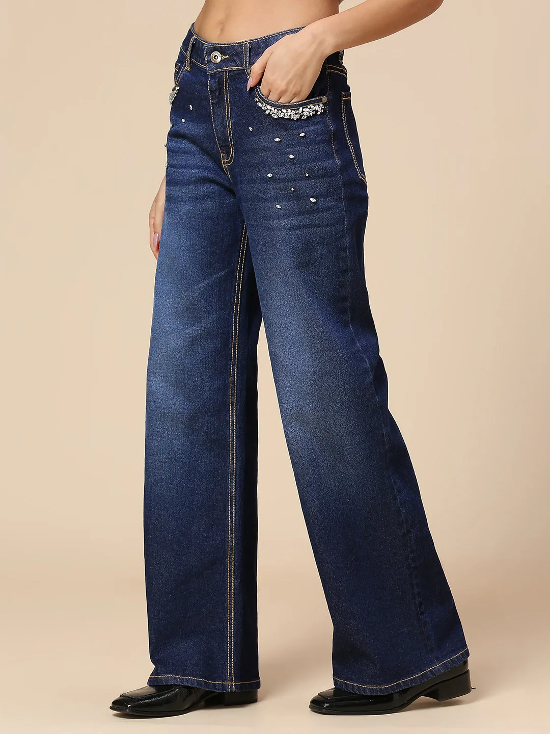 DARK WASH WIDE LEG JEANS WITH RHINESTONE EMBELLISHMENT