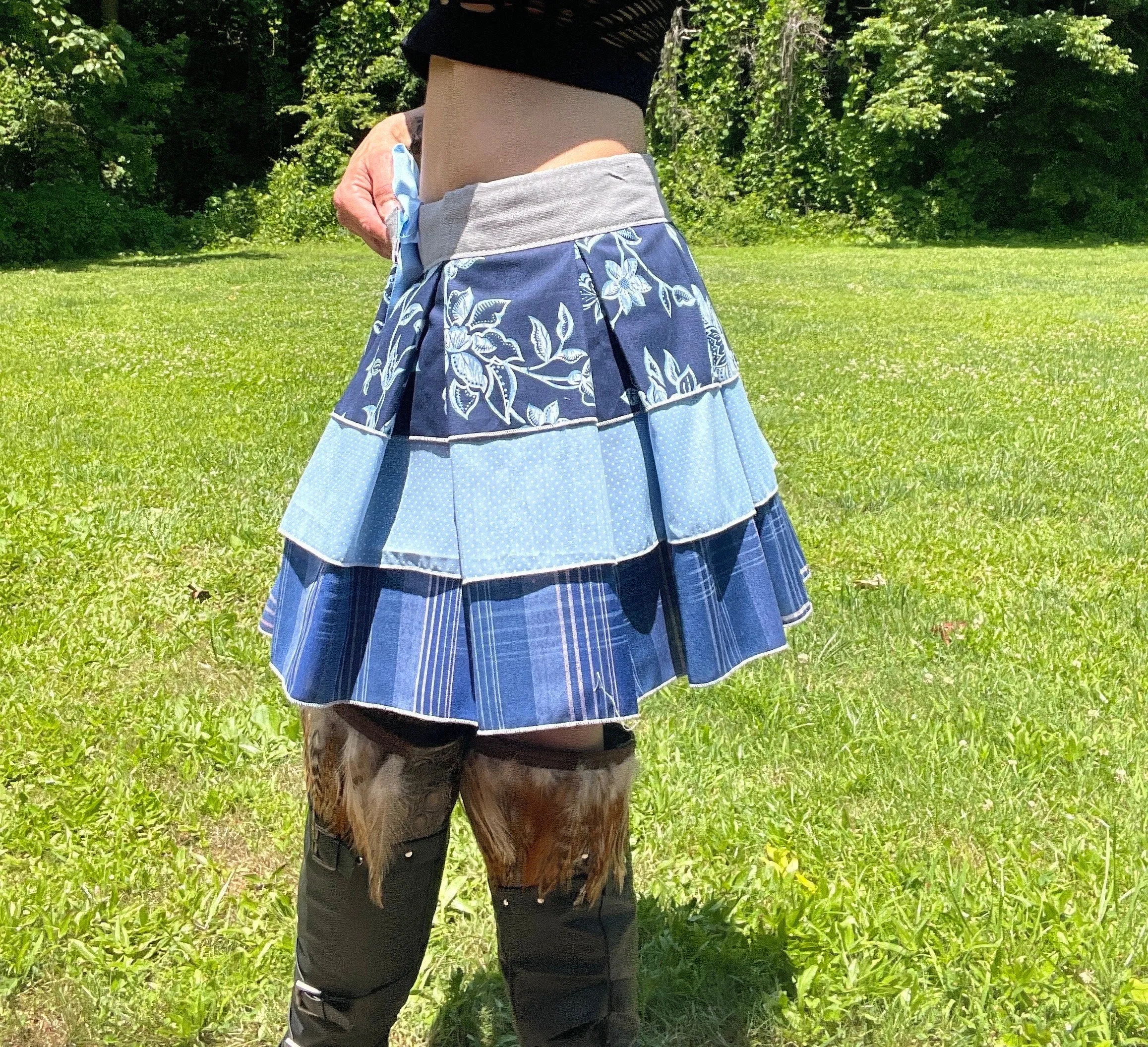 DEFECTIVE, SALE Pleated Blue Bustle Skirt, Festival Belt