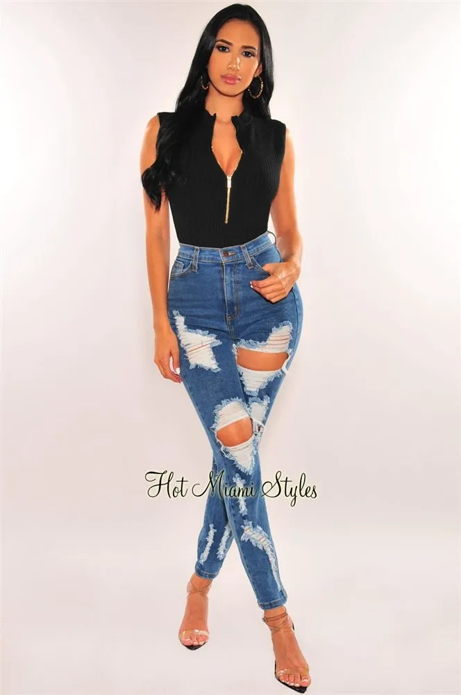 Denim Destroyed High Waist Straight Leg Jeans