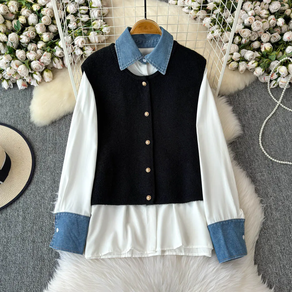 Denim Patchwork Shirt & Knitted Vest