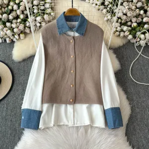 Denim Patchwork Shirt & Knitted Vest