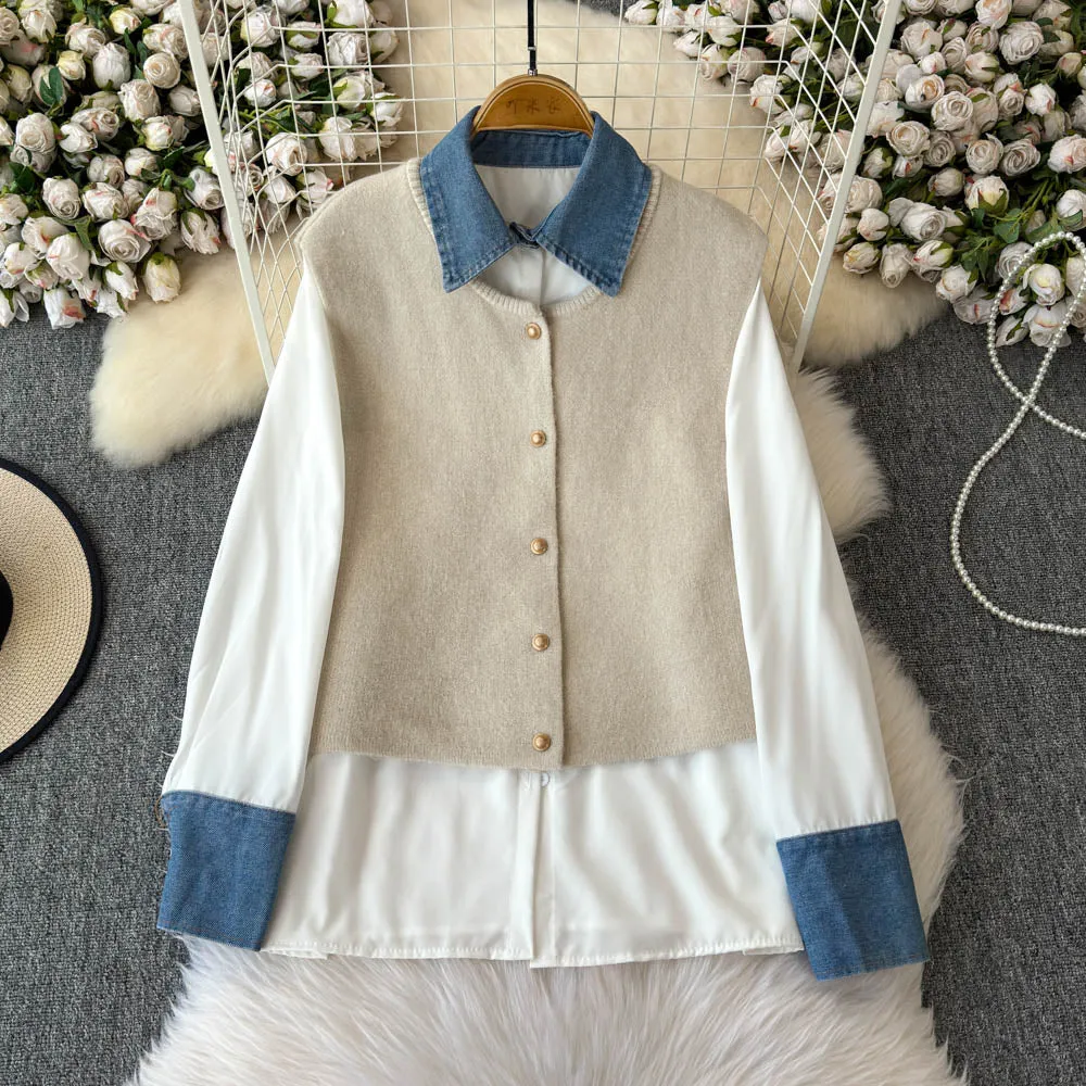 Denim Patchwork Shirt & Knitted Vest