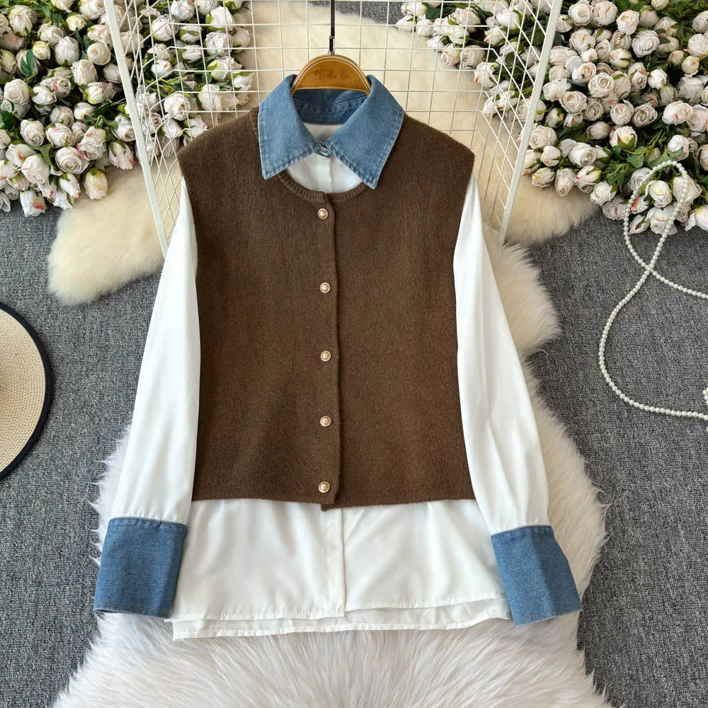 Denim Patchwork Shirt & Knitted Vest