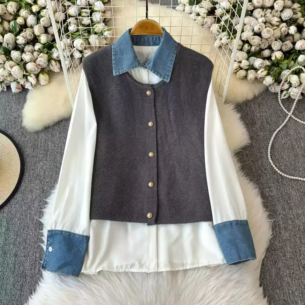 Denim Patchwork Shirt & Knitted Vest