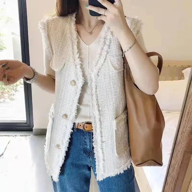 Dermearne Autumn Winter V-neck Single-breasted Knitted Vest All-match Sleeveless Pockets Soft Women Sweater Korean Fashion Streetwear Tops