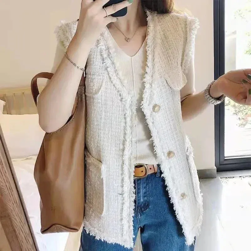 Dermearne Autumn Winter V-neck Single-breasted Knitted Vest All-match Sleeveless Pockets Soft Women Sweater Korean Fashion Streetwear Tops