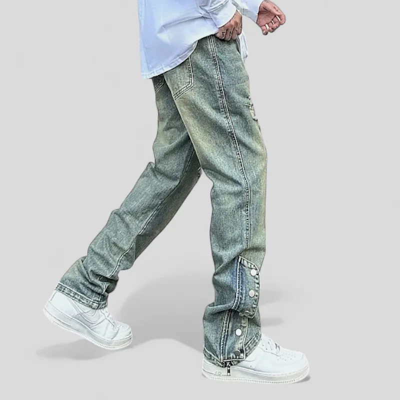 Distressed straight leg jeans with side placket