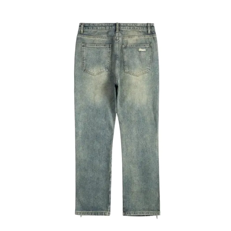 Distressed straight leg jeans with side placket