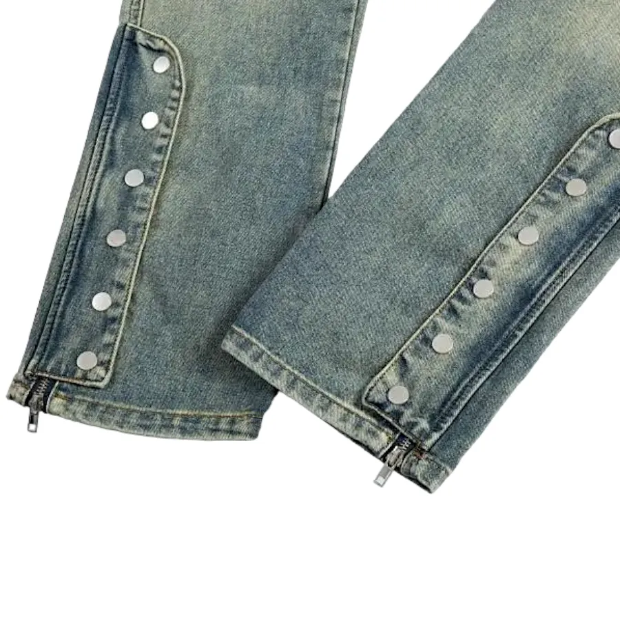 Distressed straight leg jeans with side placket