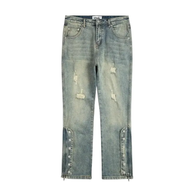 Distressed straight leg jeans with side placket