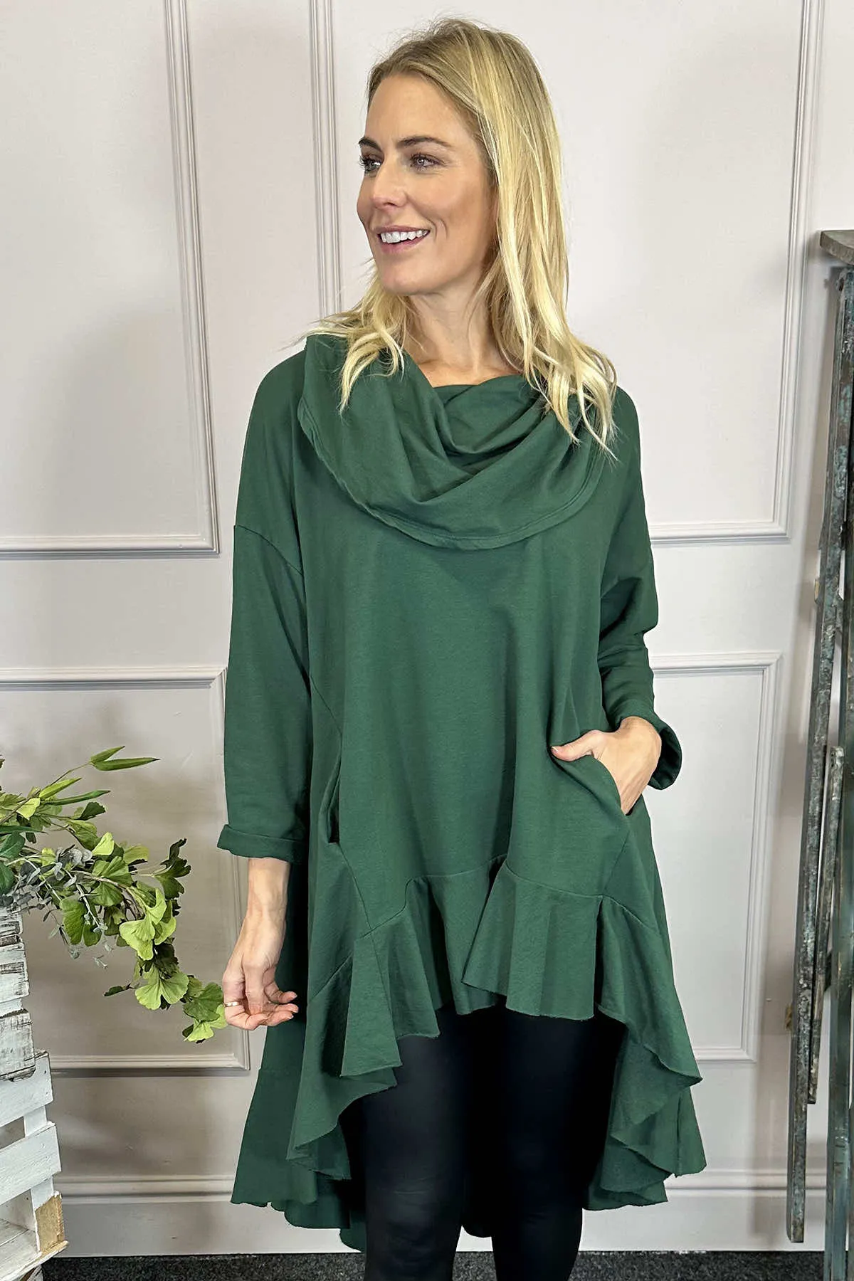 Eden Dipped Hem Cotton Tunic Bottle Green