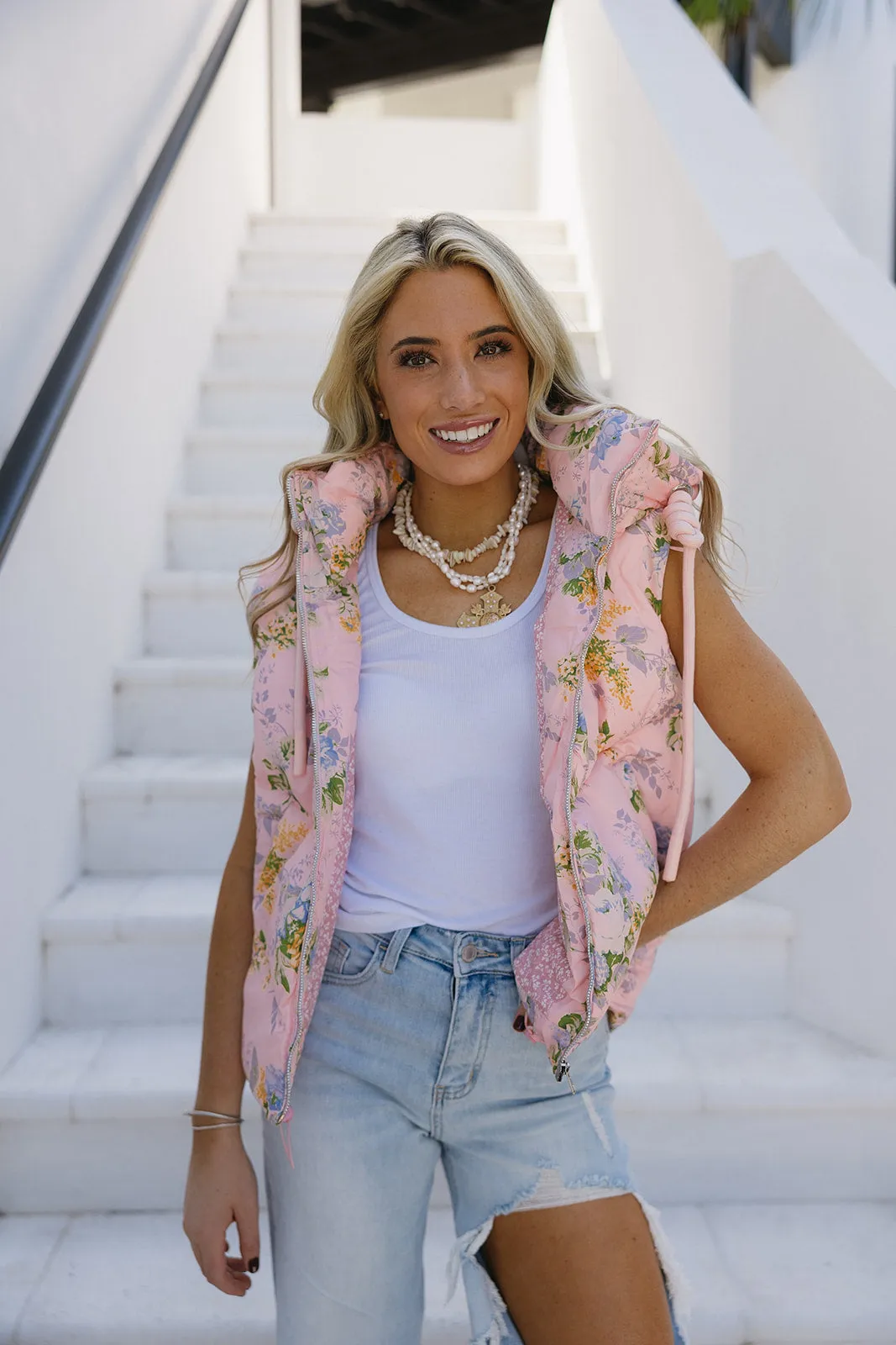 Fancy Florals Puffer Vest - Pink