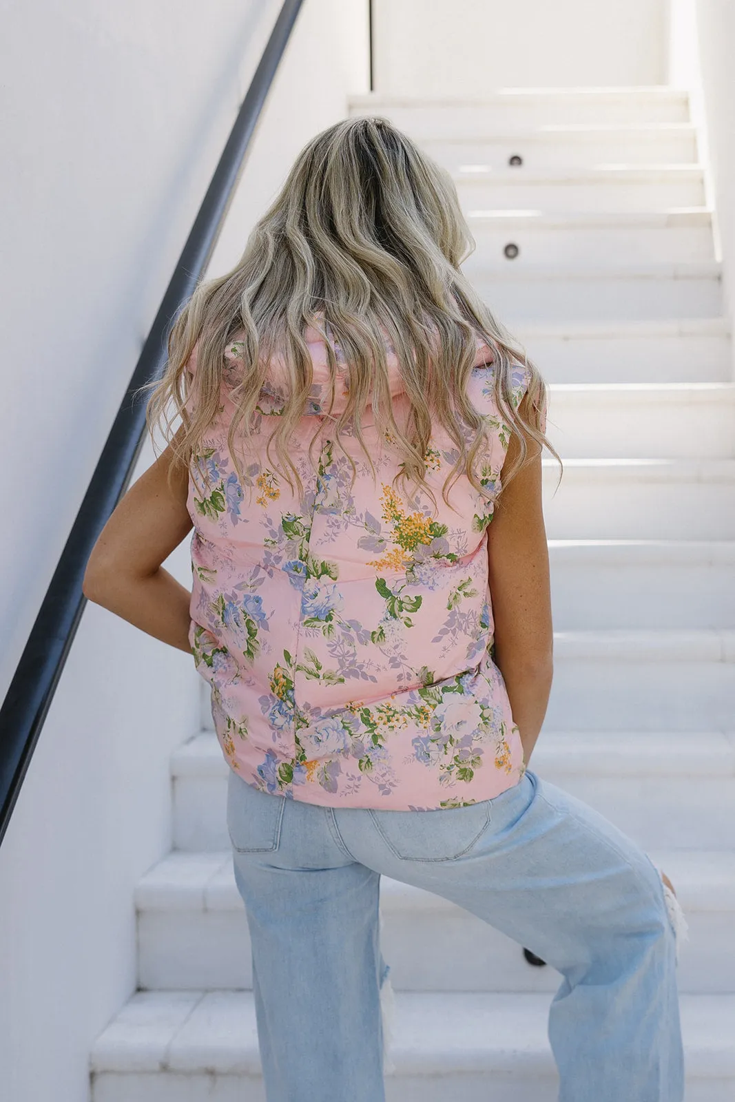 Fancy Florals Puffer Vest - Pink