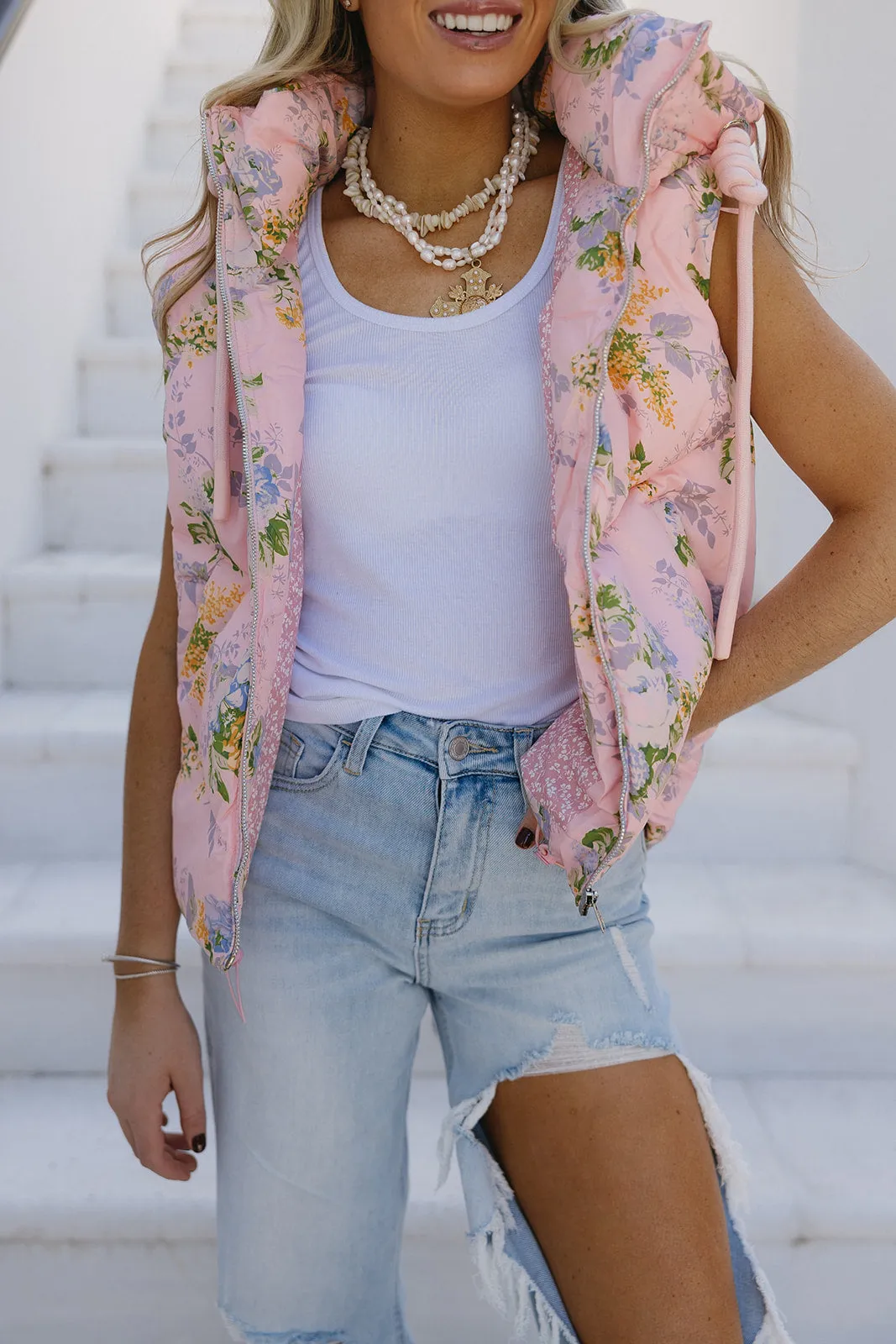 Fancy Florals Puffer Vest - Pink