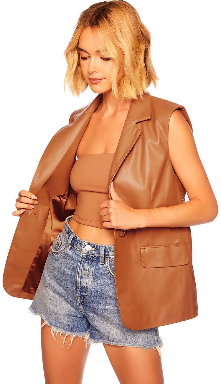 Faux Leather Collar Vest - Caramel