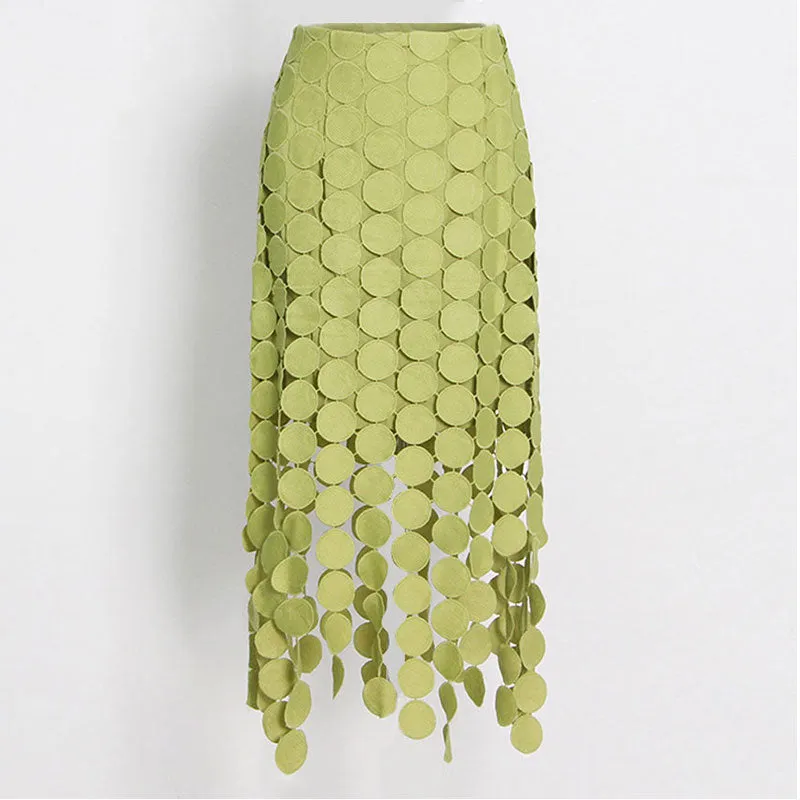 French Style High Waist Laser Cut Circle Fringe Asymmetrical Layered Midi Skirt